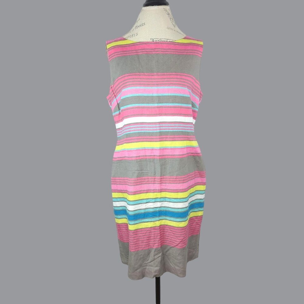 Tahari Linen Dress 12 Large Pink Gray Midi